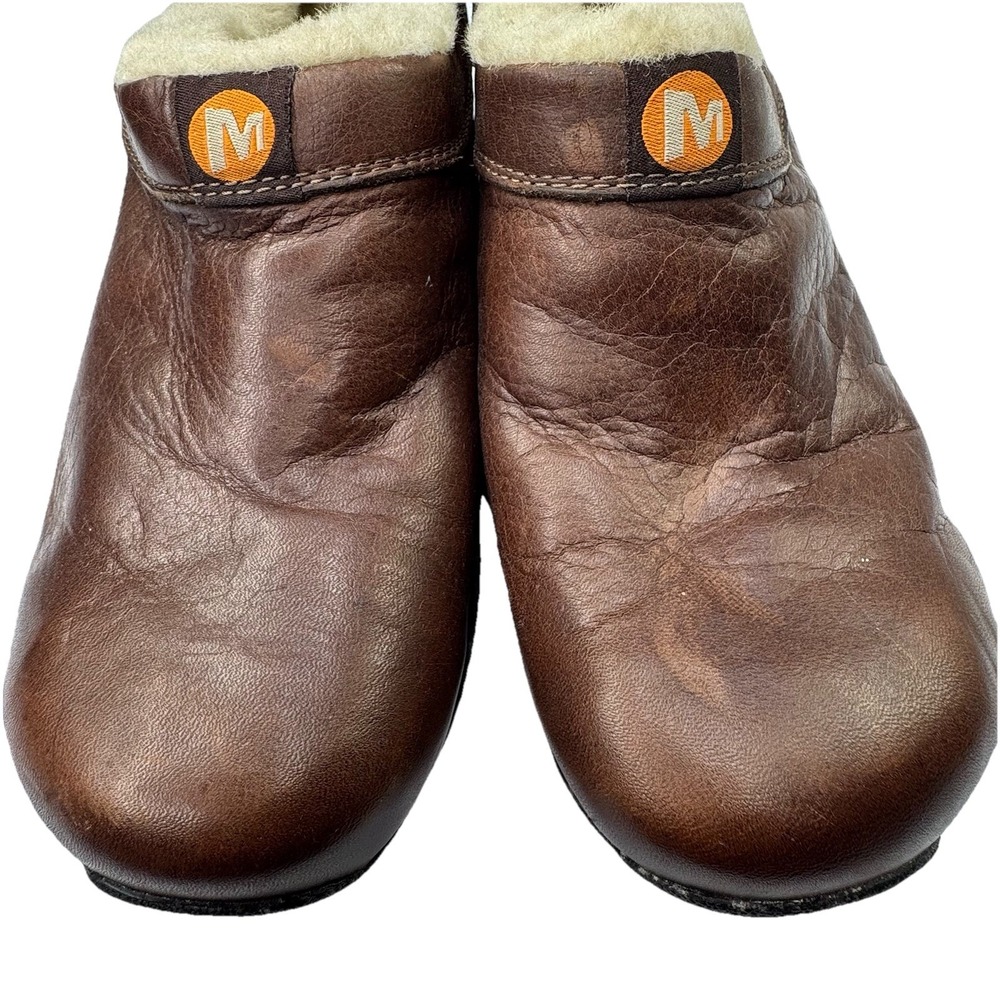 Merrell Slip On Mule Clog Comfort Shoes Sheepskin Wool Liner size 8.5 Bug‎ Brown